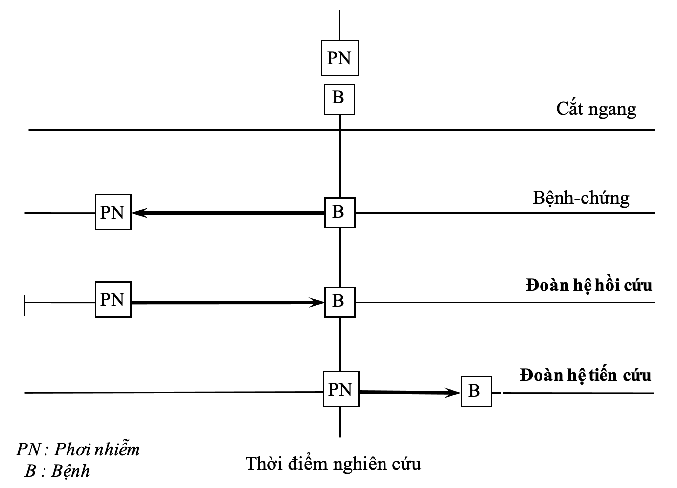 Trình tự thời gian của những loại thiết kế nghiên cứu quan sát phân tích.